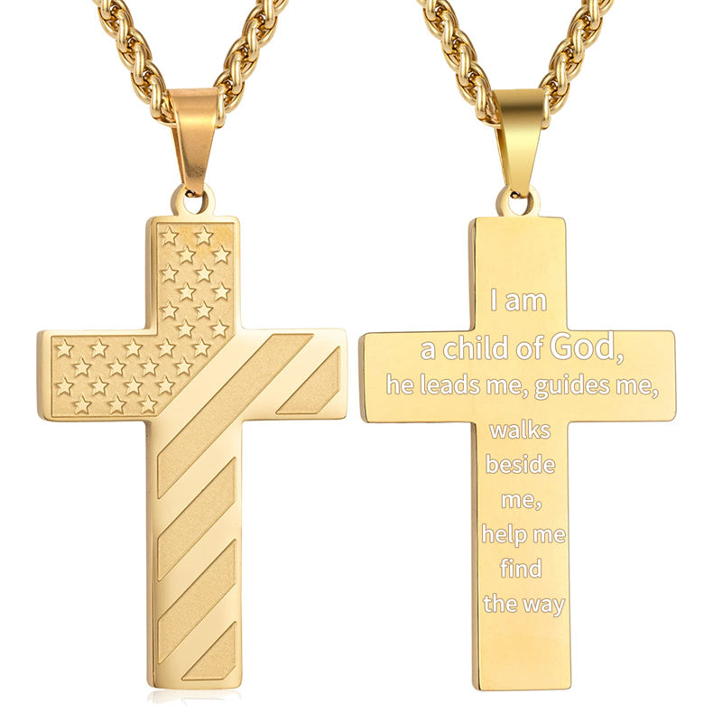 Stainless Steel Personalized Engraved American Flag Cross Pendant Necklace