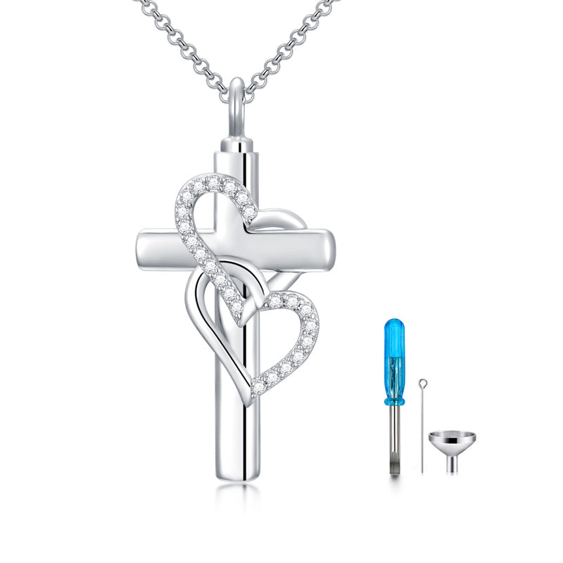 Sterling Silver Birthstone Cross Urn Necklace for Ashes