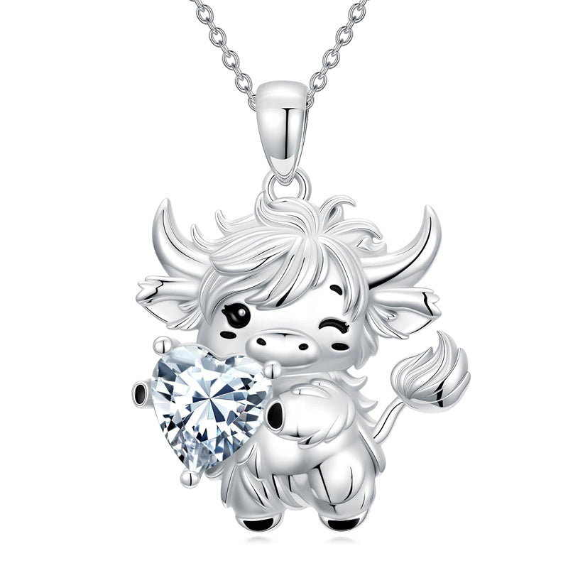 Sterling Silver Heart  Birthstone Highland Cow Pendant Necklace