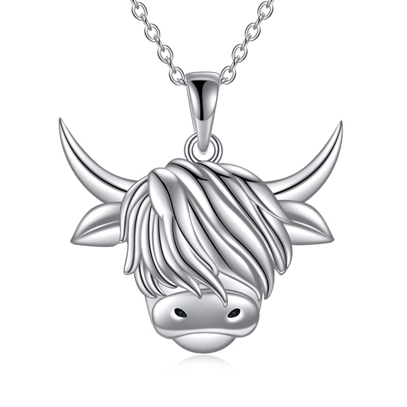 Sterling Silver Heart Highland Cow Pendant Necklace