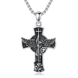 Sterling Silver St Michael & Cross Pendant Necklace for Men