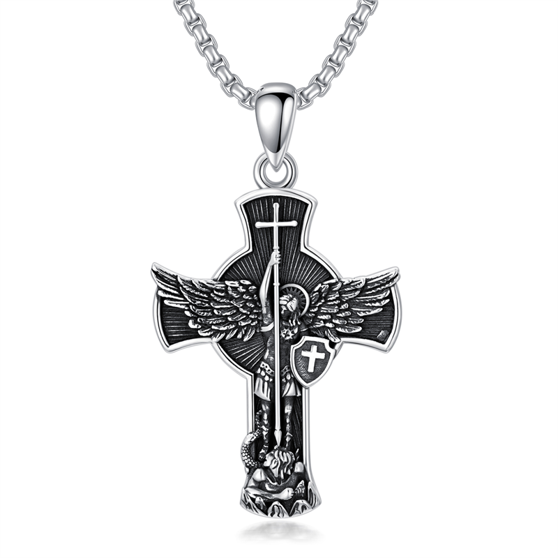 Sterling Silver St Michael & Cross Pendant Necklace for Men