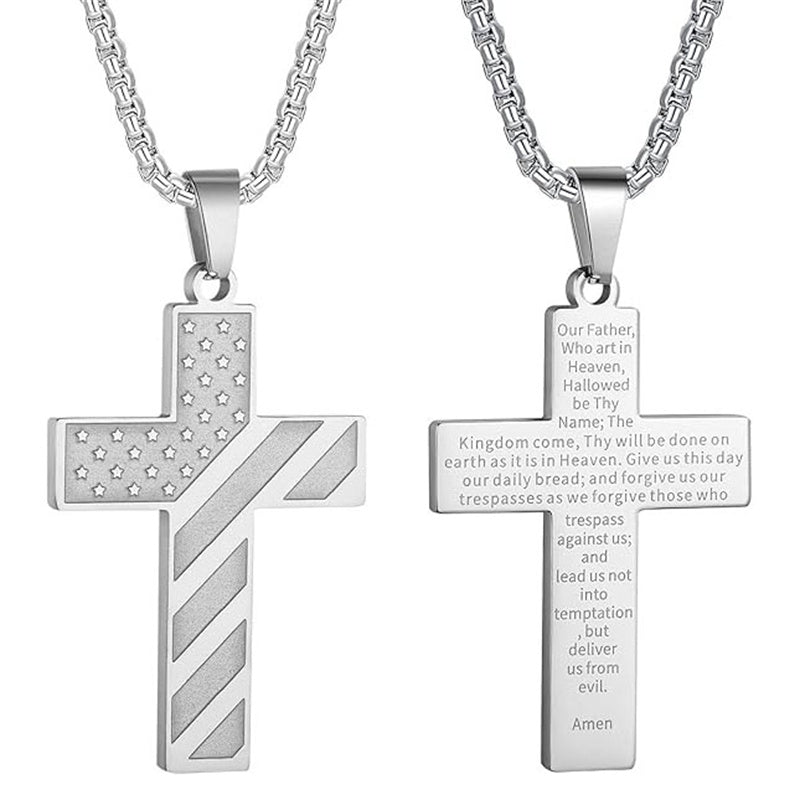 Stainless Steel Inspirational Bible Verse American Flag Pendant Necklace for Men
