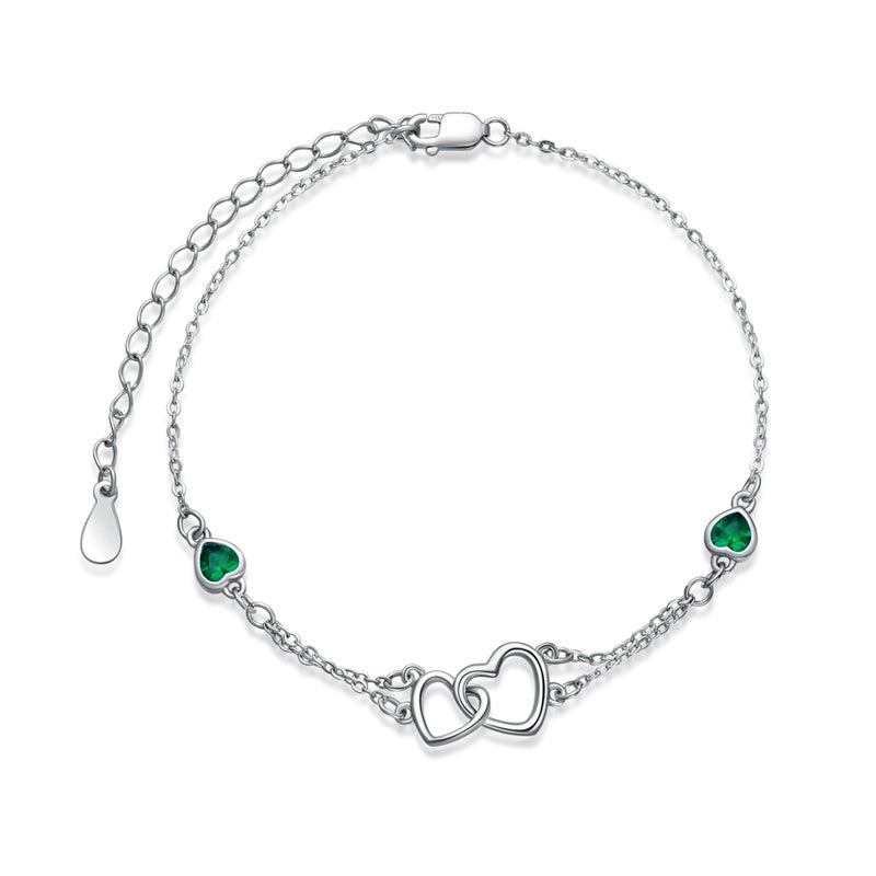 Sterling Silver Double Heart Birthstone Single Layer Anklet