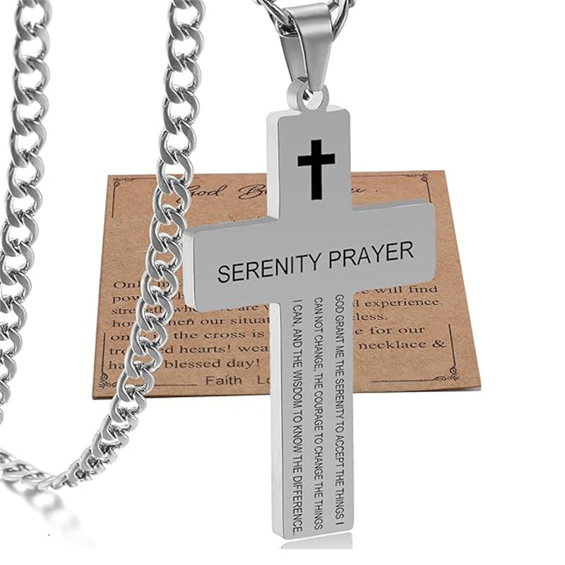 Stainless Steel Bible Verse Cross Necklace for Men with Cuban Chain