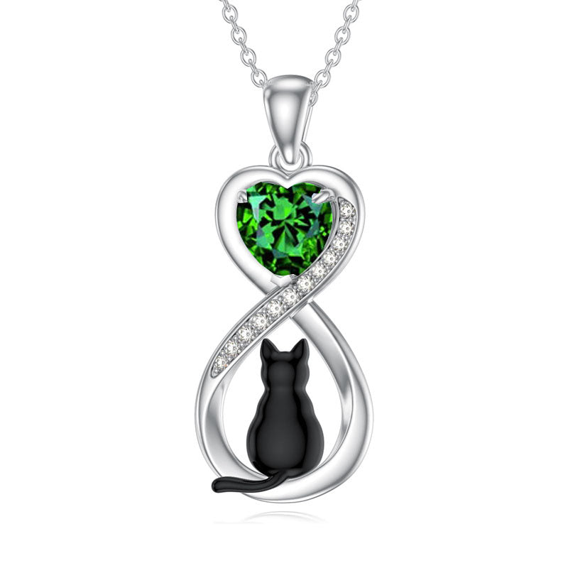 Sterling Silver Birthstone Infinity Black Cat Pendant  Necklace