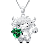 Sterling Silver Heart  Birthstone Highland Cow Pendant Necklace