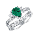 Sterling Silver Pear Cut Vine Leaf Gemstone Engagement Rings Set for Women