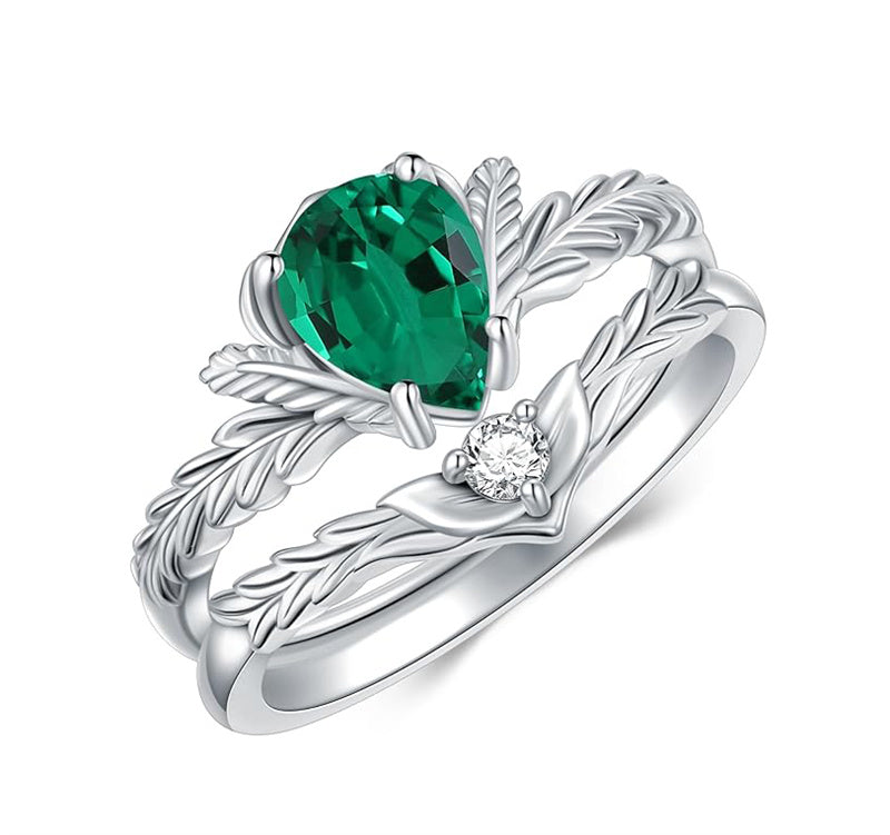 Sterling Silver Pear Cut Vine Leaf Gemstone Engagement Rings Set for Women