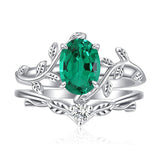 Sterling Silver Oval Shaped  Leaf Gemstone Engagement Rings Set for Women