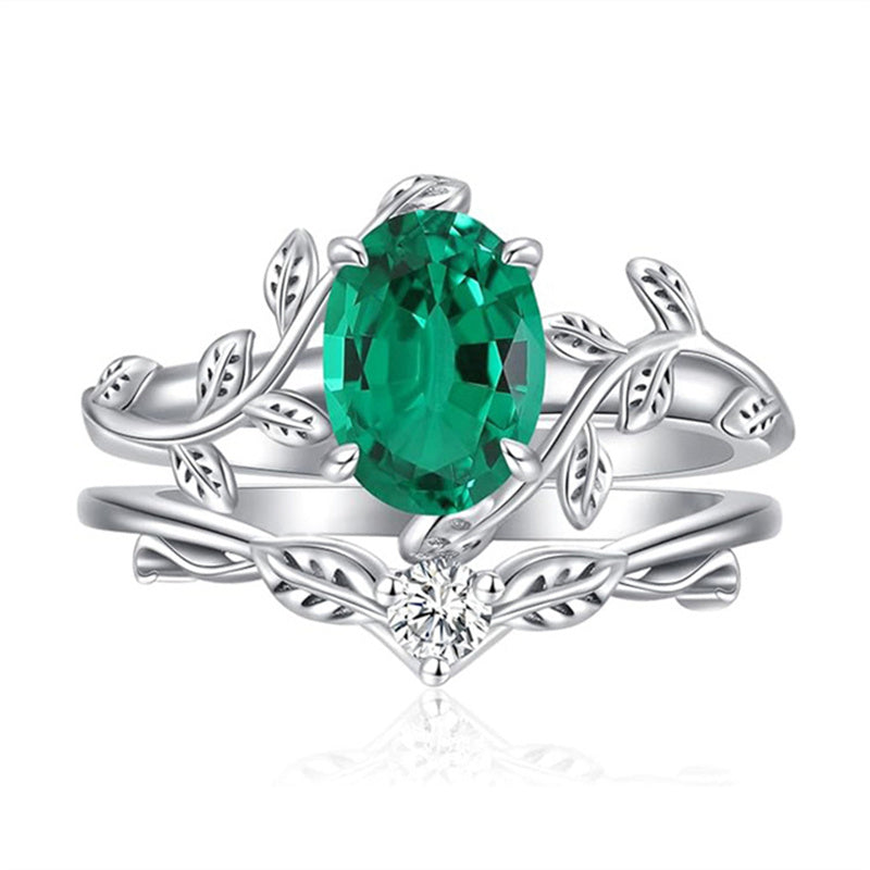 Sterling Silver Oval Shaped  Leaf Gemstone Engagement Rings Set for Women