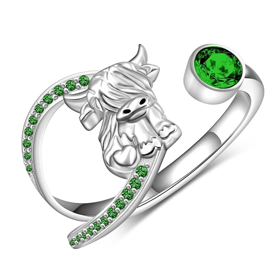 Sterling Silver Birthstone AdjustableHighland Cow Ring
