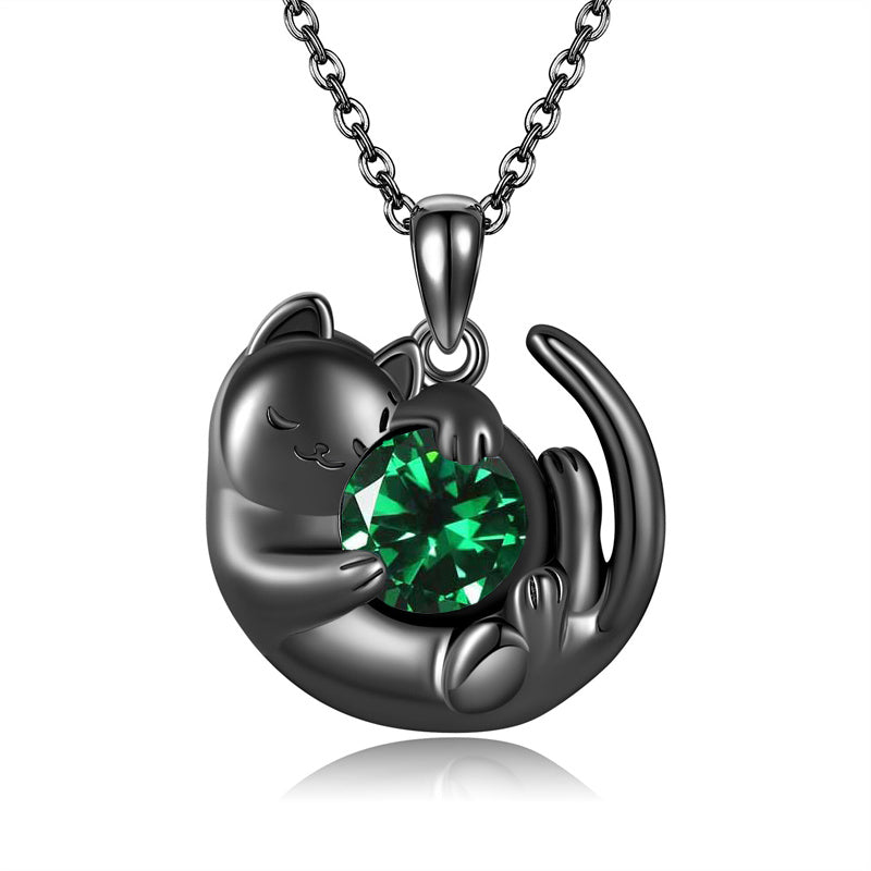 Sterling Silver Birthstone Infinity Black Cat Pendant  Necklace