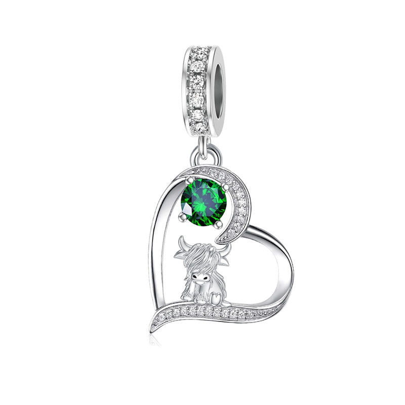 Sterling Silver Birthstone Highland Cow Charm Beads