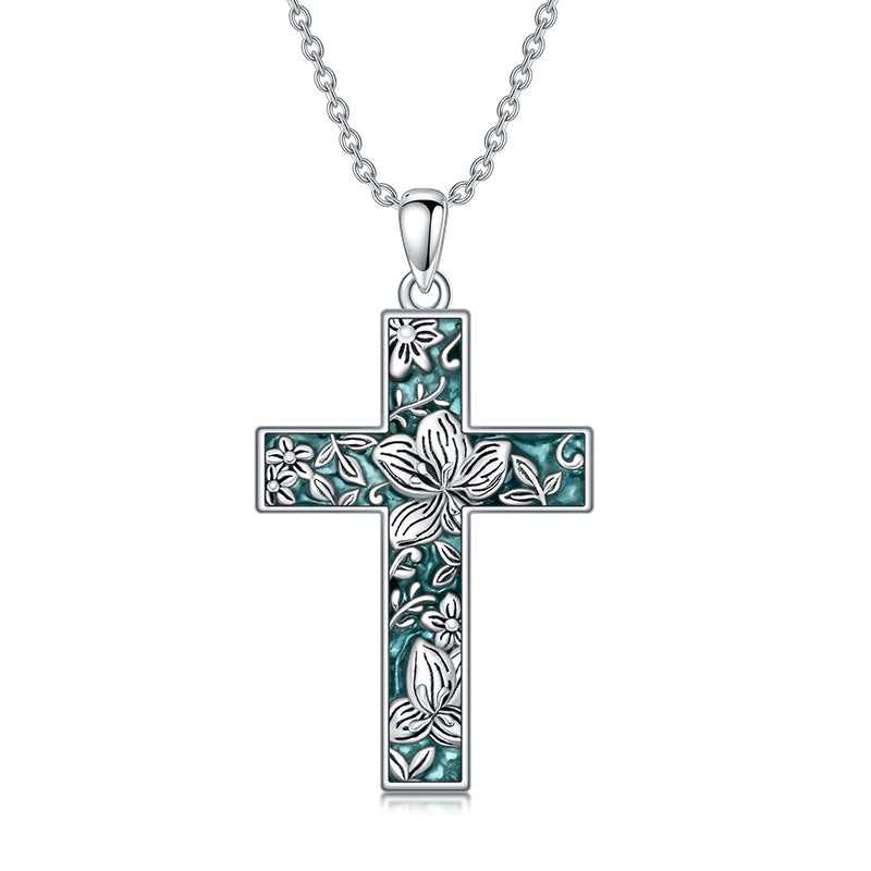 Sterling Silver Turquoise Personalized Engraved 12 Month Birth Flower Cross Pendant Necklace