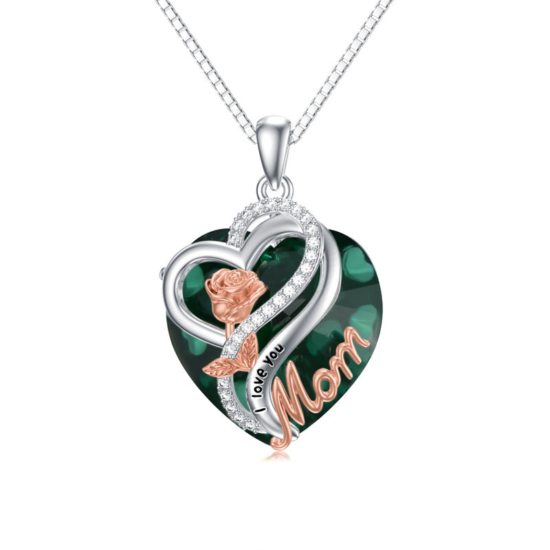 Sterling Silver Birthstone Heart Rose Pendant Necklace With Engraved