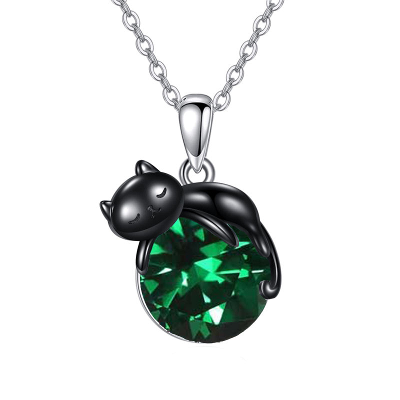 Sterling Silver Birthstone Infinity Black Cat Pendant  Necklace