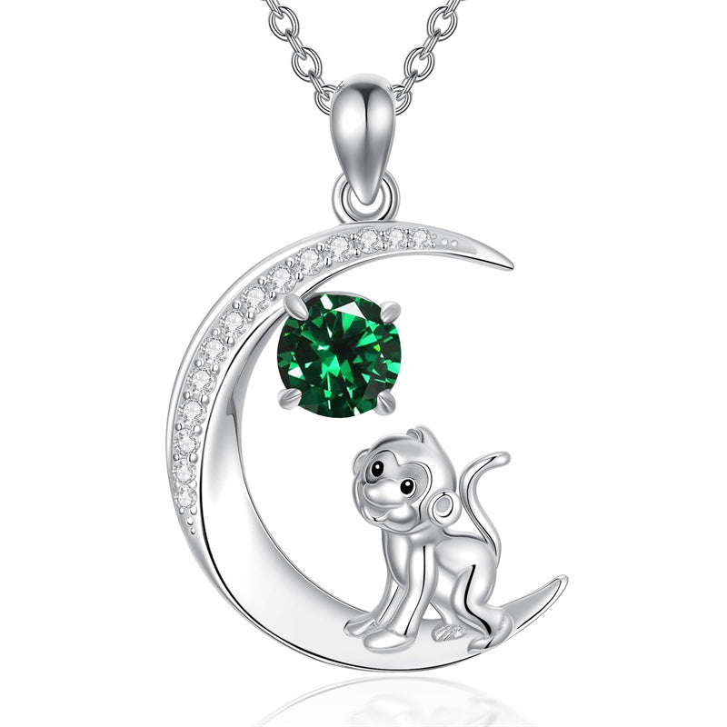 Sterling Silver Birthstone Cat Dog Monkey Pendant Necklace