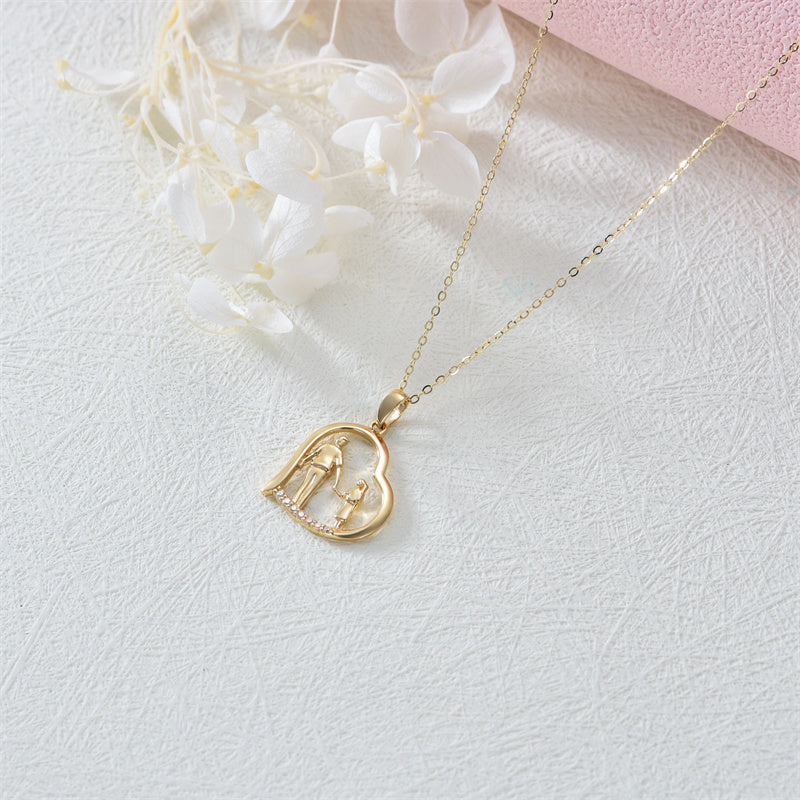 10K 14K 18K Gold Father Daughter Heart Pendant Necklace For Gift