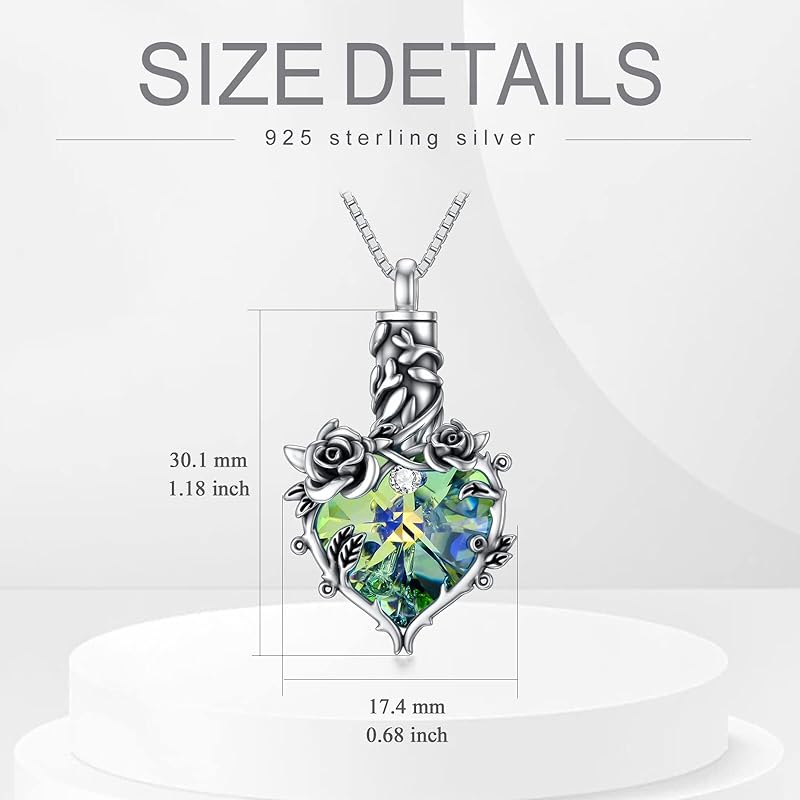 Sterling Silver Heart Crystal Rose Flower Urn Necklace for Ashes Cremation Jewelry