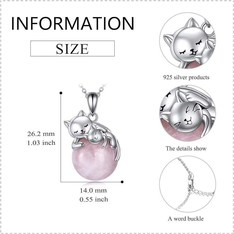 Sterling Silver Moonstone Pearl Rose Quartz Crystal Cat Pendant Necklace