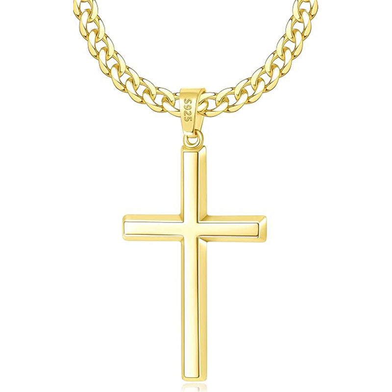 Sterling Silver Cross Necklace for Men with Stainless Steel Cuban Chain Necklace