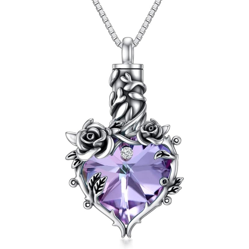 Sterling Silver Heart Crystal Rose Flower Urn Necklace for Ashes Cremation Jewelry