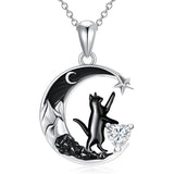 Sterling Silver Heart Birthstone Moon Star Black Cat Pendant Necklace