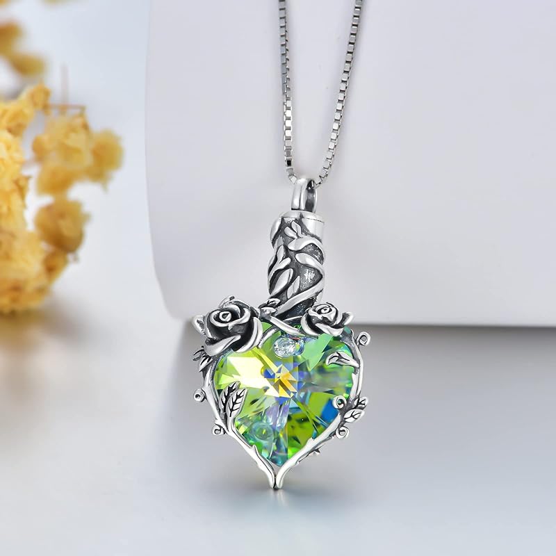 Sterling Silver Heart Crystal Rose Flower Urn Necklace for Ashes Cremation Jewelry