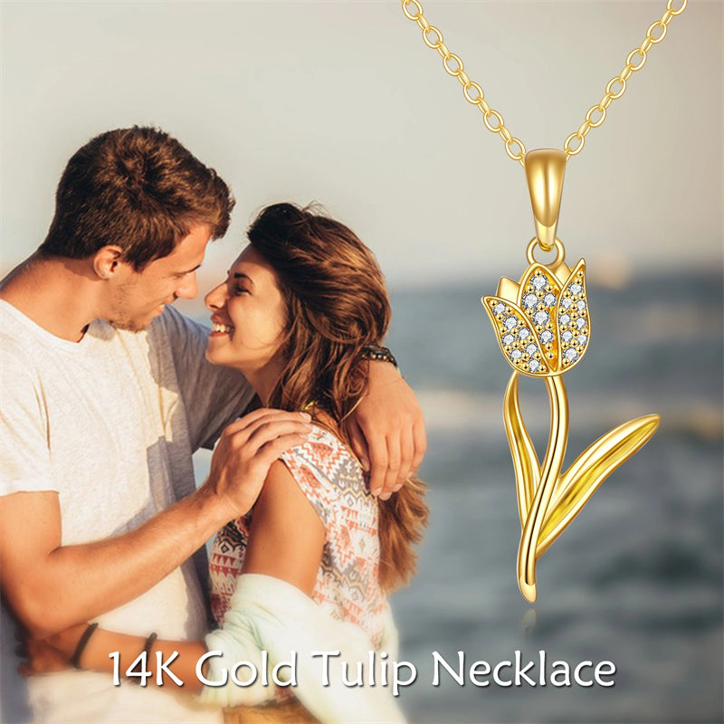 14K Gold Tulip Flower Pendant Necklace