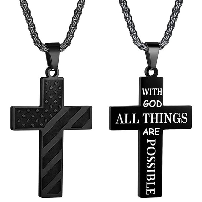 Stainless Steel Inspirational Bible Verse American Flag Pendant Necklace for Men