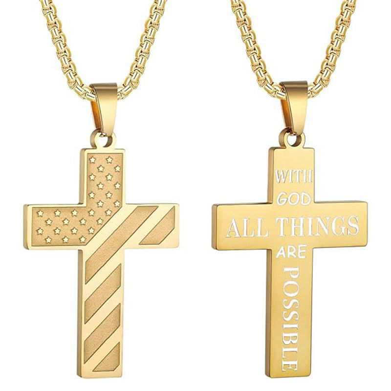 Stainless Steel Inspirational Bible Verse American Flag Pendant Necklace for Men