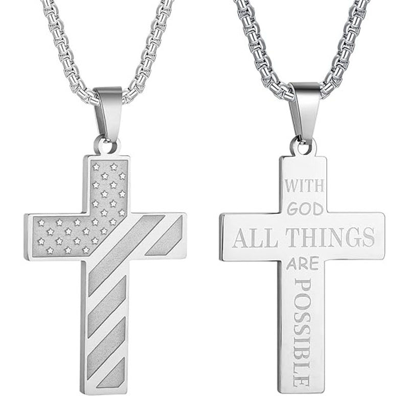 Stainless Steel Inspirational Bible Verse American Flag Pendant Necklace for Men