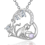 Sterling Silver 12 Month Birthstone Cat Pendant Necklace Gifts for Cat Lovers