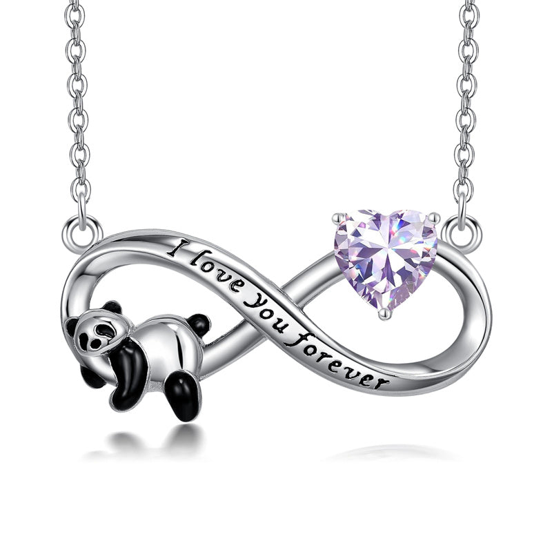 Sterling Silver Birthstone Infinity Panda Pendant Necklace Engraved with I Love Forever