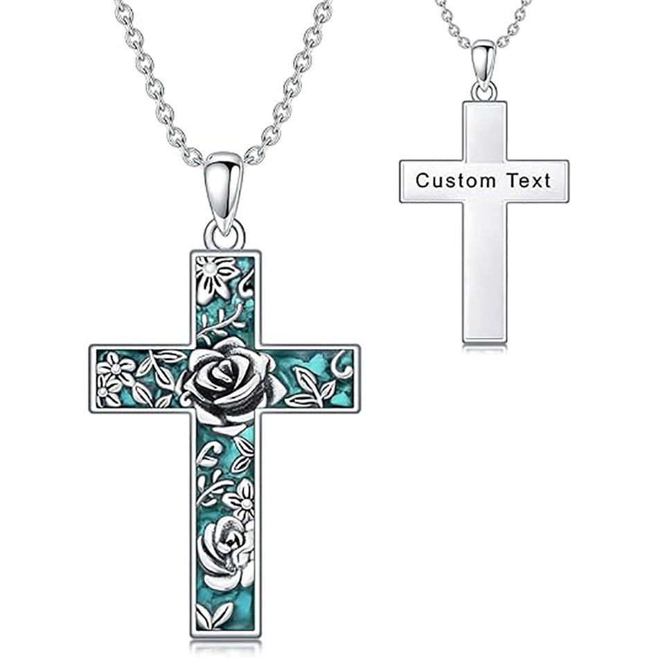 Sterling Silver Turquoise Personalized Engraved 12 Month Birth Flower Cross Pendant Necklace
