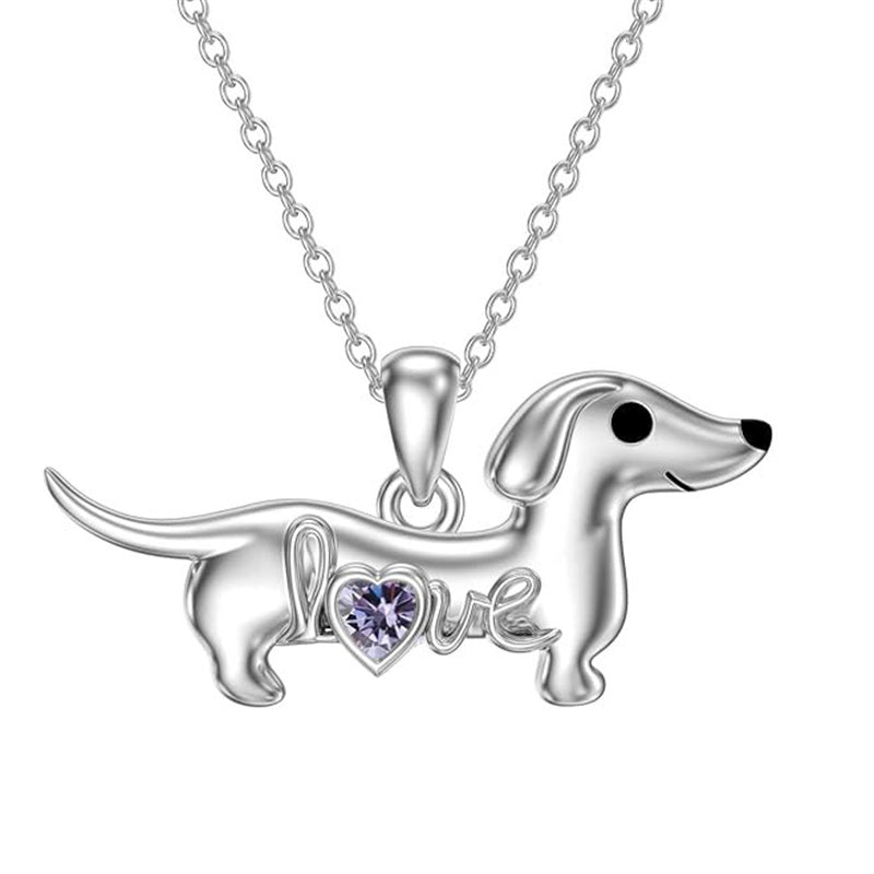 Sterling Silver Heart Birthstone  Dachshund Pendant Necklace