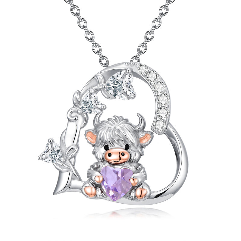 Sterling Silver Highland Cow Pendant Necklace Birthstone Necklace Gift for Women