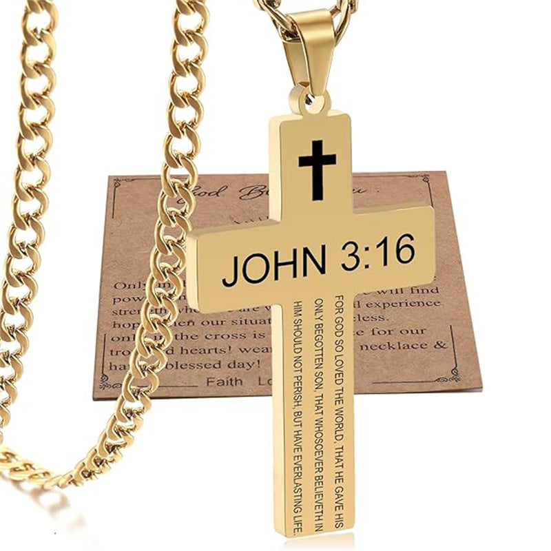 Stainless Steel Bible Verse Cross Necklace for Men with Cuban Chain