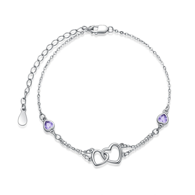 Sterling Silver Double Heart Birthstone Single Layer Anklet
