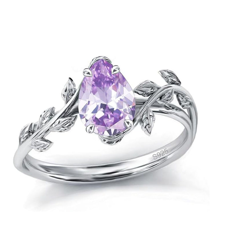 Sterling Silver Pear Birthstone  Leaf Promise Ring for Her
