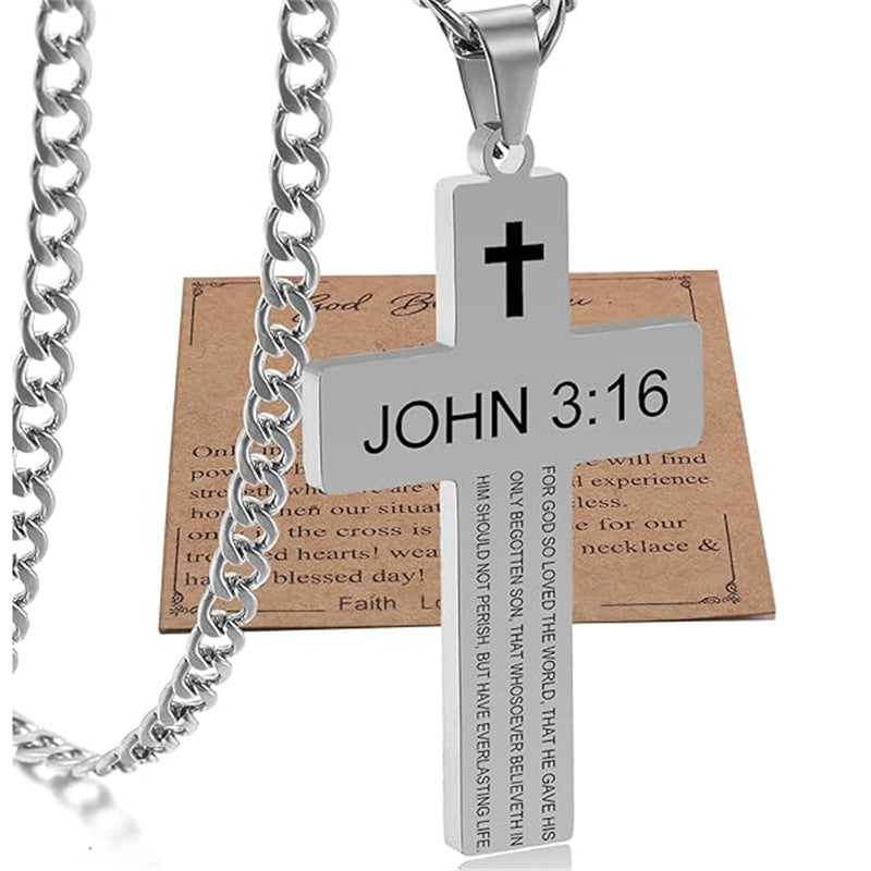 Stainless Steel Bible Verse Cross Necklace for Men with Cuban Chain