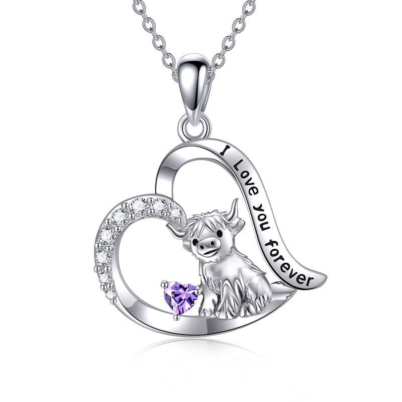 14K Gold 12 Months Birthstone Highland Cow Pendant Necklace