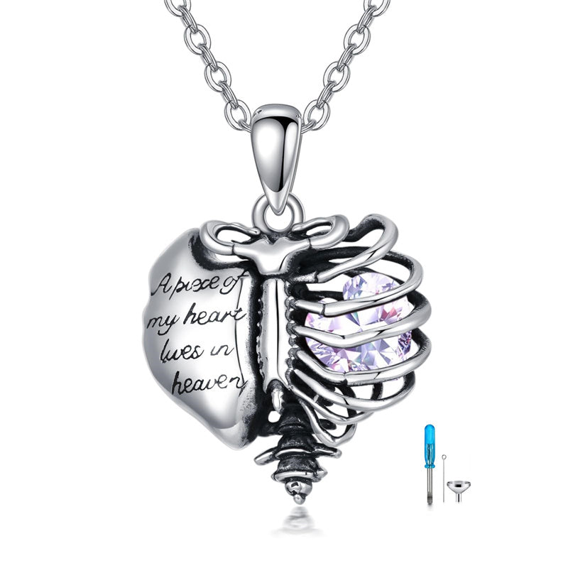 Sterling Silver Heart Birthstone Skeleton Urn Necklaces for Ashes