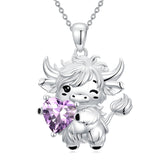 Sterling Silver Heart  Birthstone Highland Cow Pendant Necklace