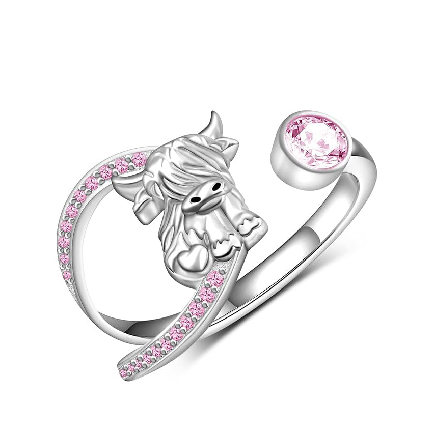Sterling Silver Birthstone AdjustableHighland Cow Ring