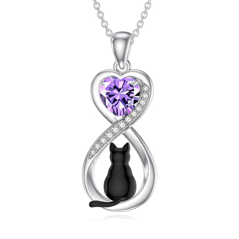 Sterling Silver Birthstone Infinity Black Cat Pendant  Necklace