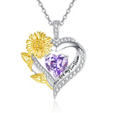 Sterling Sliver Birthstone Love Heart & Sunflower Pendant Necklace Engraved With You Are My Sunshine