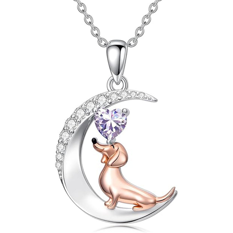Sterling Silver Heart Birthstone  Dachshund Pendant Necklace