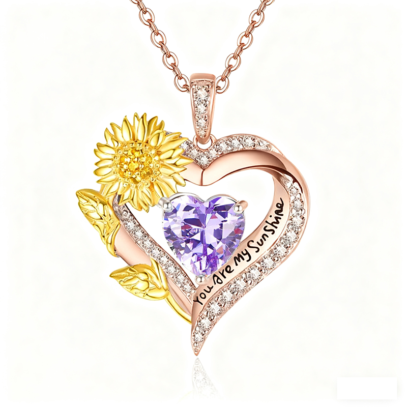 Sterling Sliver Birthstone Love Heart & Sunflower Pendant Necklace Engraved With You Are My Sunshine